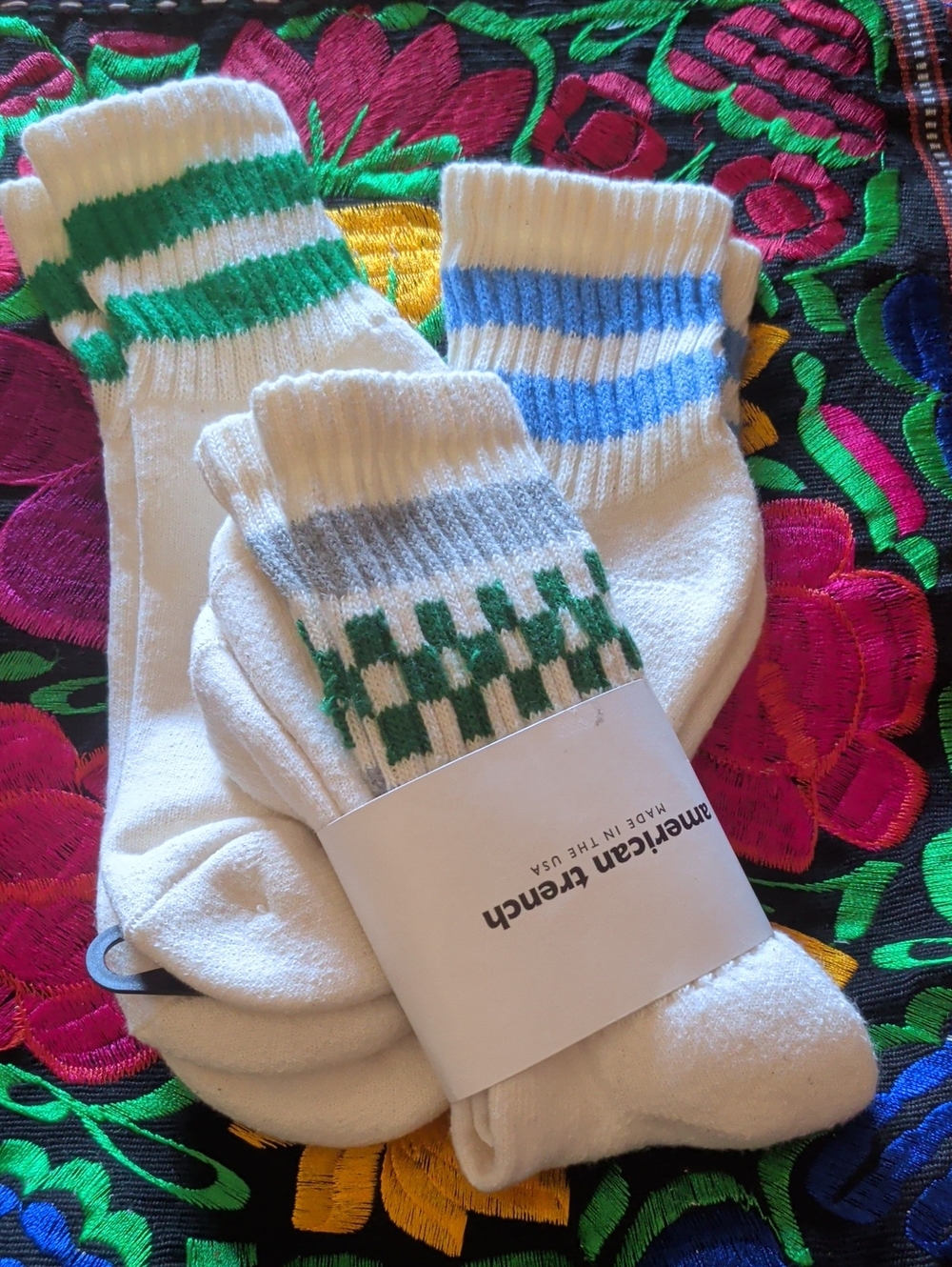 American Trench White Crew Socks with Blue & Green Stripe Accents